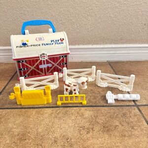 Vintage Fisher Price Play Family Farm Carry Case Barn with Cow and Accessories